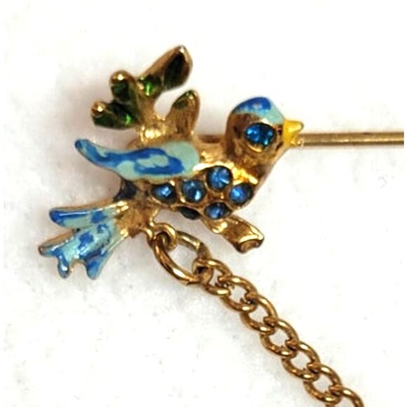 VTG Art Nouveau Style Bluebird of Happiness Stick Lapel Pin Brooch Dangle Charm - Picture 2 of 7